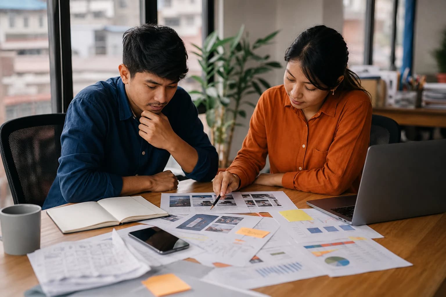 A Nepali business team reviewing disconnected marketing materials